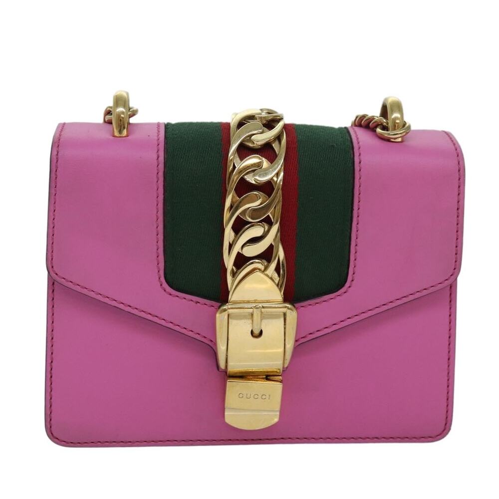 Gucci Leather Sylvie Web Sherry Line Mini Chain Shoulder Bag Pink